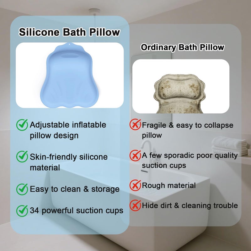 Deenwada Silicone Bath Pillow for Tub – Ergonomic Bathtub Headrest with Inflatable Air Cushion, Non-Slip Suction Cups & Neck/Back Support – Comfortable Spa Bath Accessory for Relaxation (Blue) - Image 4